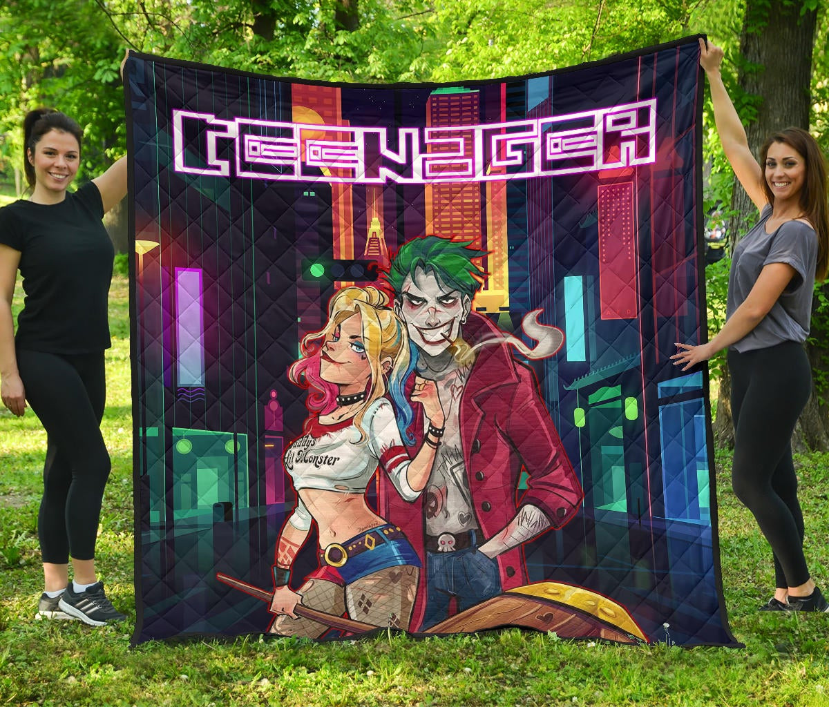 horror movie teenager joker and harley quinn modern city premium quilt blanket uuyok