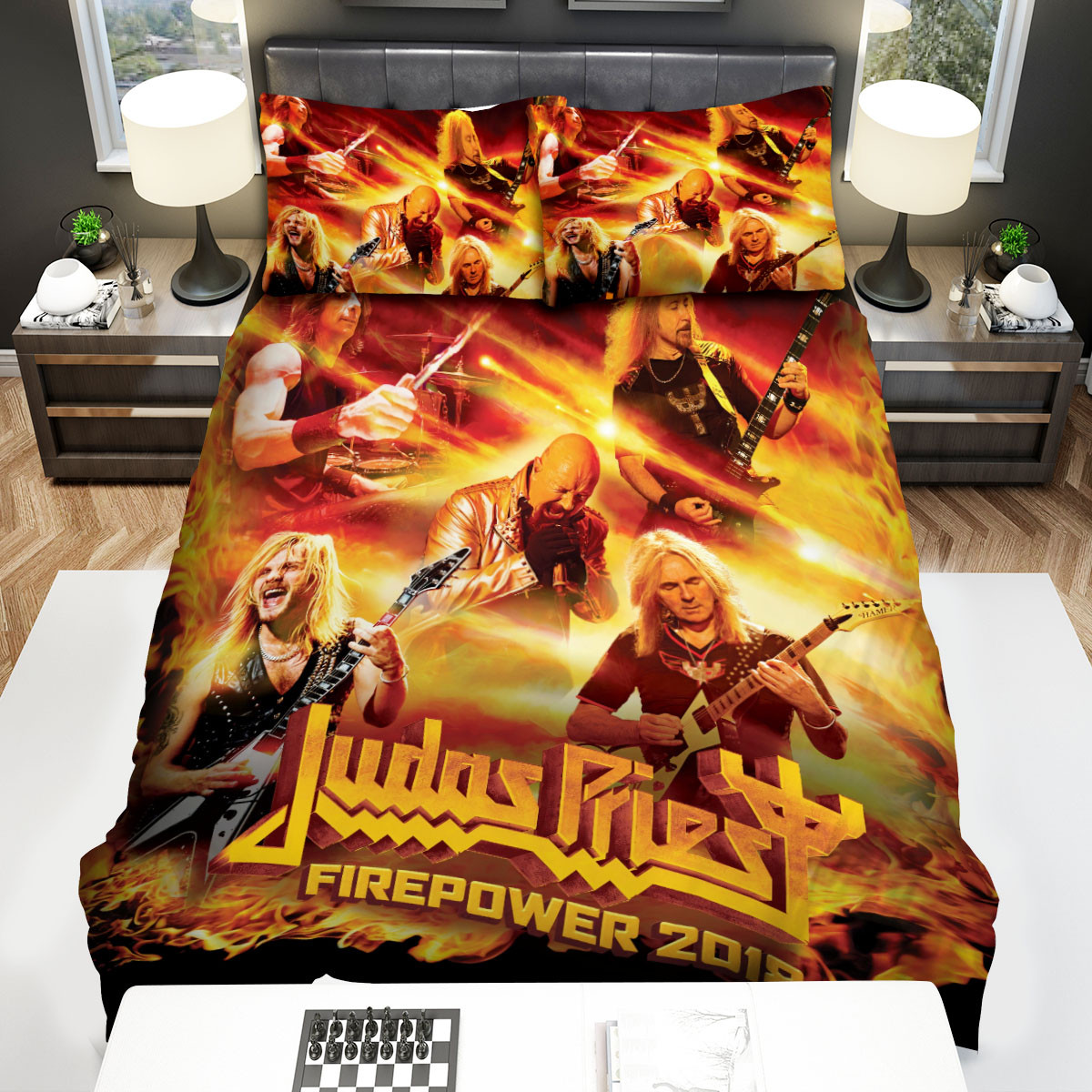 judas priest performing on stage with flaming effect bed sheets spread comforter duvet cover bedding sets b6jxd