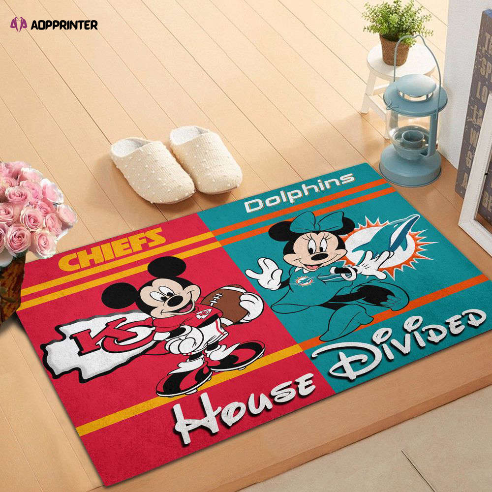 kansas city chiefs vs miami dolphins mickey and minnie teams nfl house divided doormat gift for home decor