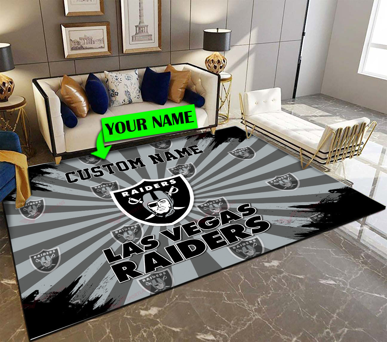 las vegas raiders personalized premium rectangle rug 57 klbuv