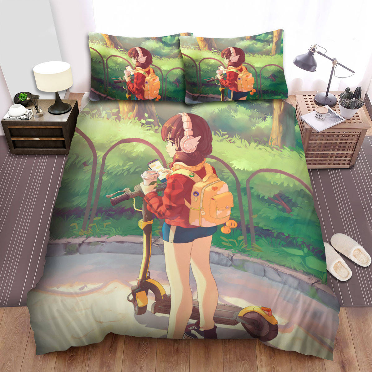 lofi girl chilling in a park duvet cover bedroom sets comfortable bedding sets vbow6