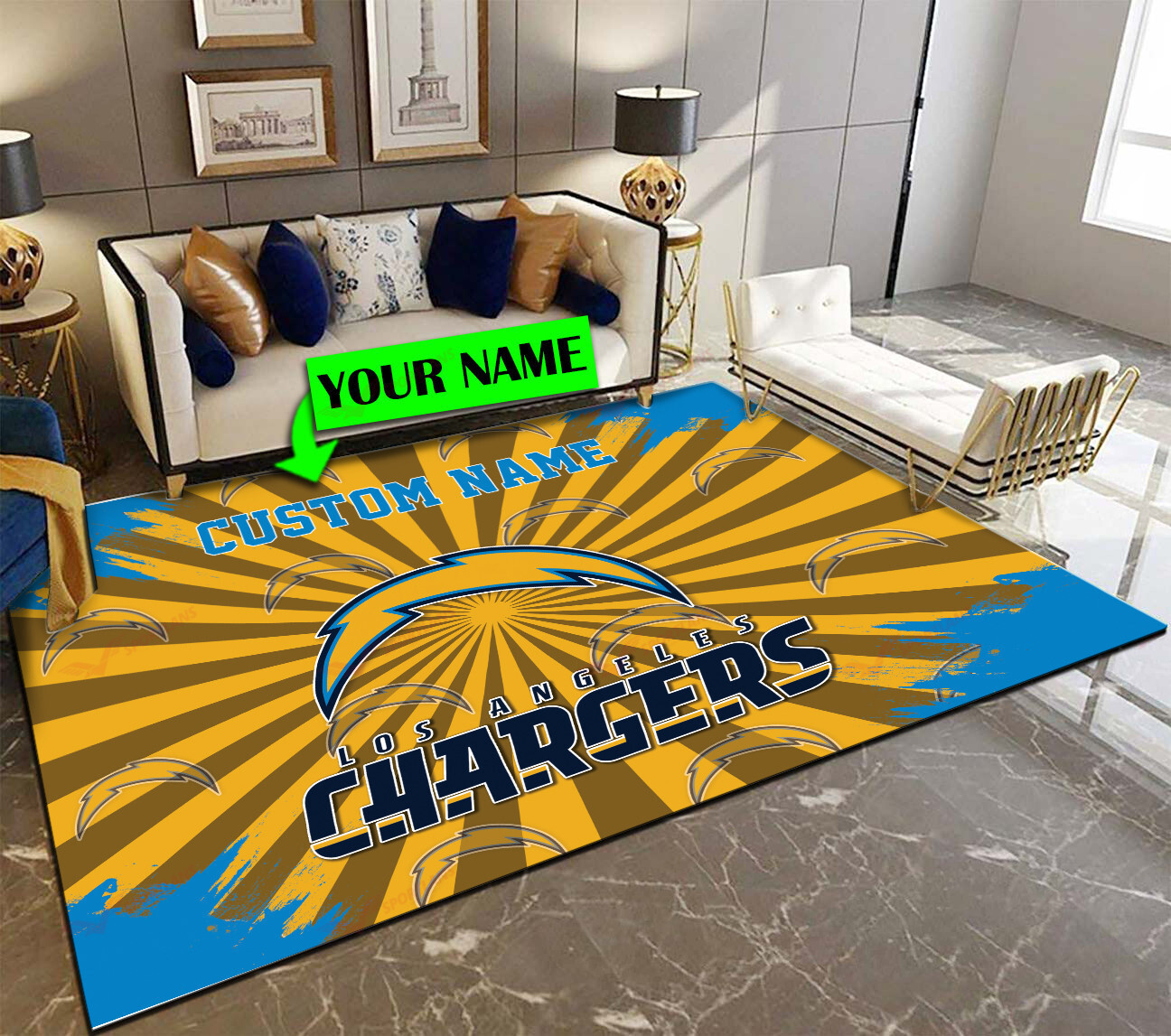 los angeles chargers personalized premium rectangle rug 58 sztvw