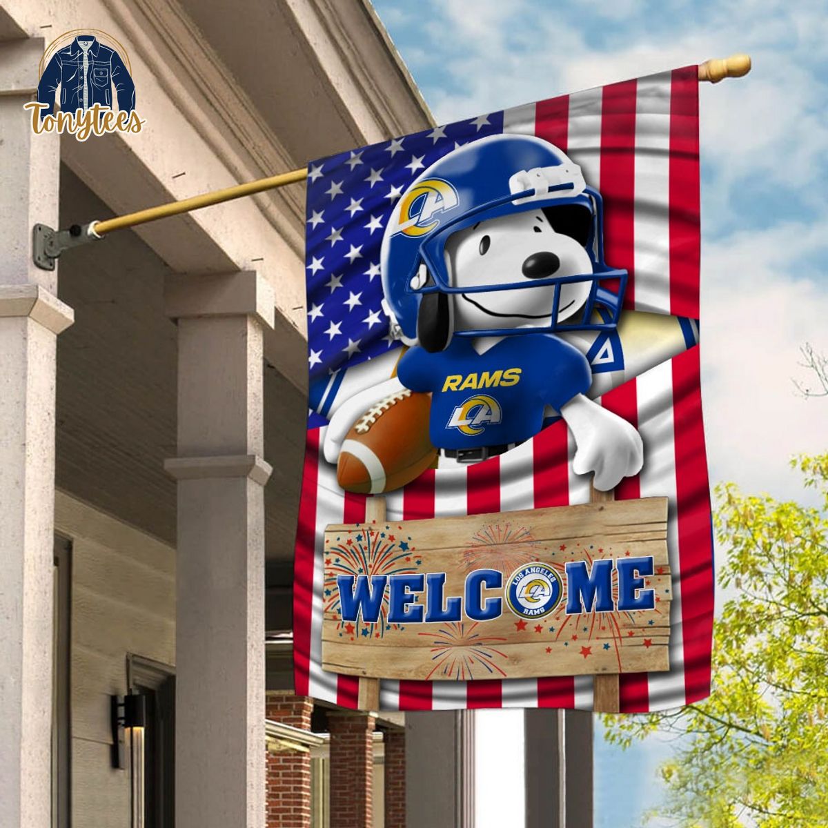 los angeles rams snoopy peanuts welcome custom name garden flag 1 if13t