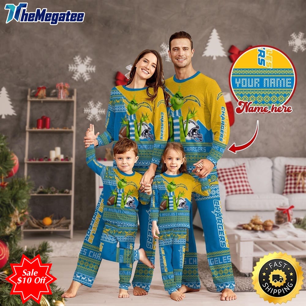 nfl los angeles chargers custom name pajamas christmas sports for family