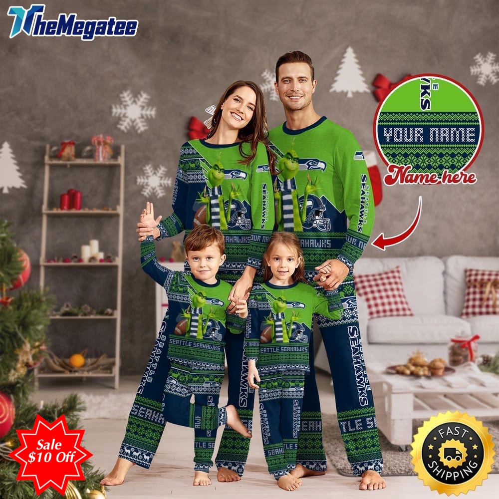 nfl seattle seahawks custom name pajamas christmas sports for family