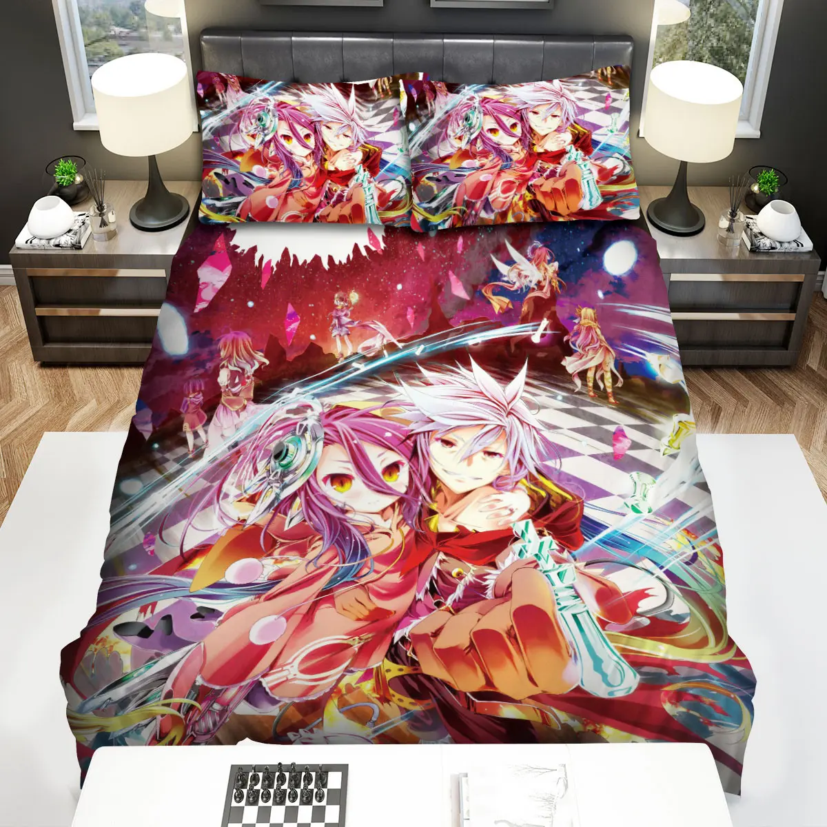 no game no life characters on the chess board bed sheets spread comforter duvet cover bedding sets gfvno