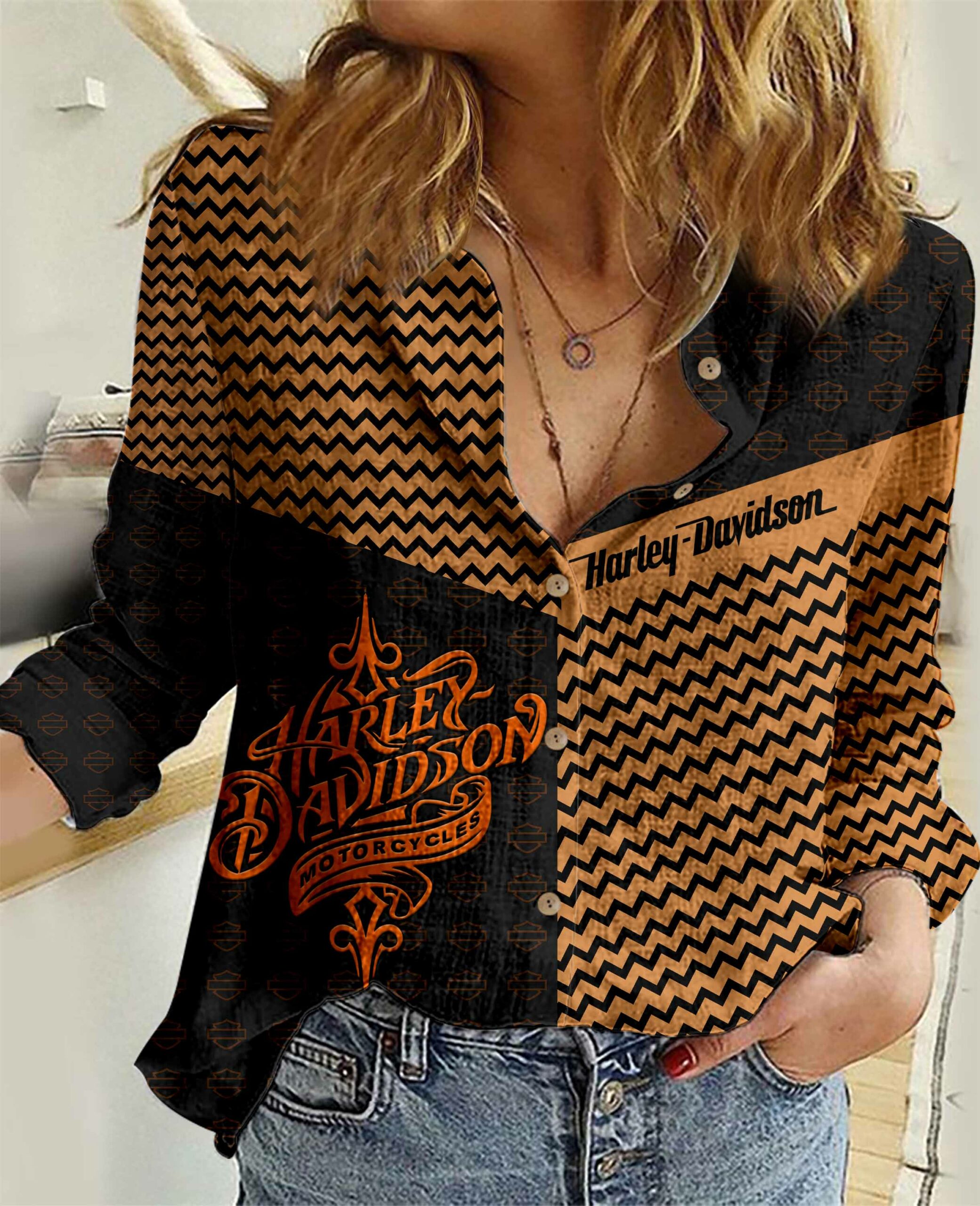 orange harleydavidson wave women artificial linen shirt qn22102502ltc5s
