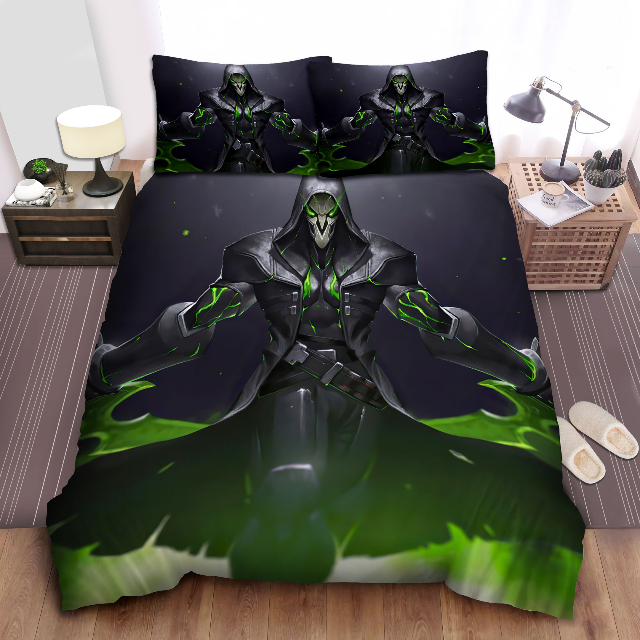 overwatch reaper in black and green artwork duvet cover bedroom sets comfortable bedding sets h3toq