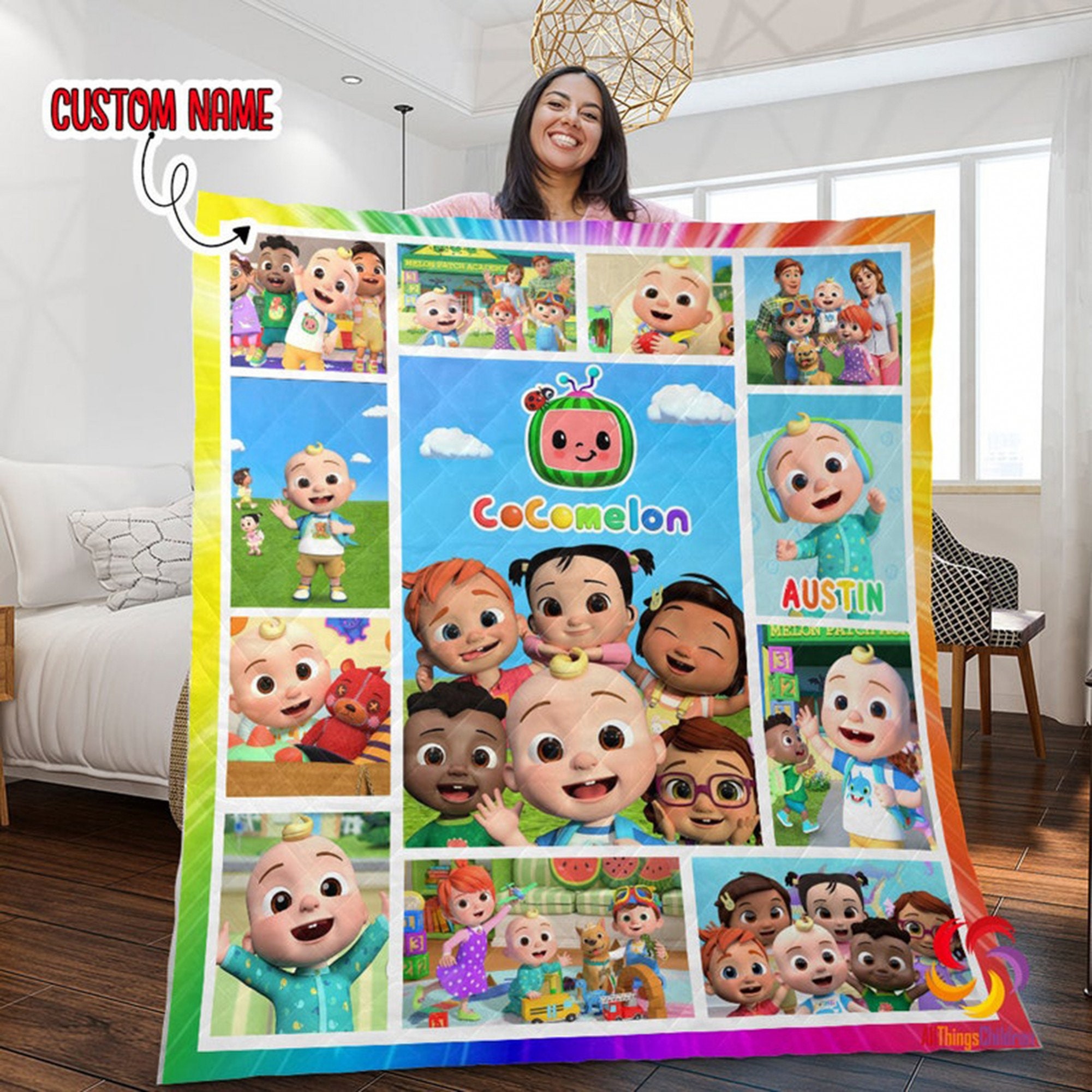 personalized cocomelon birthday kids family matching quilt blanket y3wcm