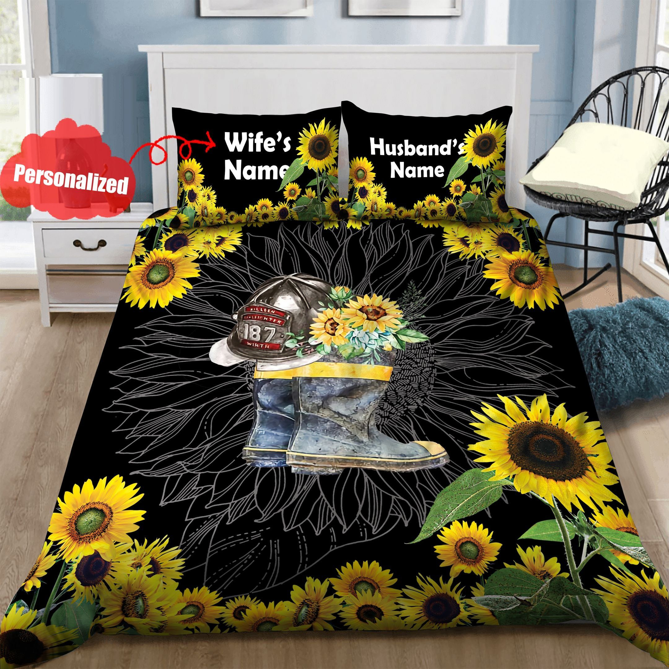 personalized firefighter sunflower duvet cover bedroom sets comfortable bedding sets y8mkz