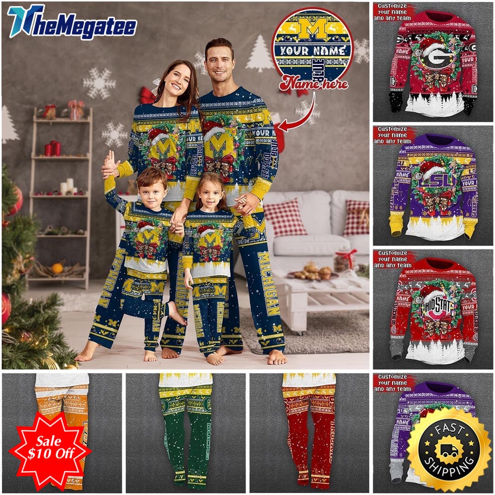 personalized ncaa customized xmas pajamas for sports fan custom sport pj for family na44873