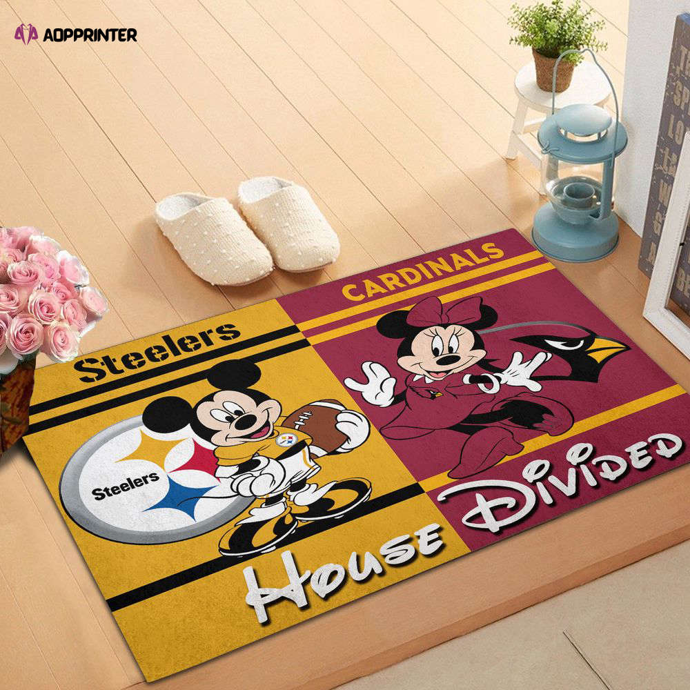 pittsburgh steelers vs arizona cardinals mickey and minnie teams nfl house divided doormat gift for home decor