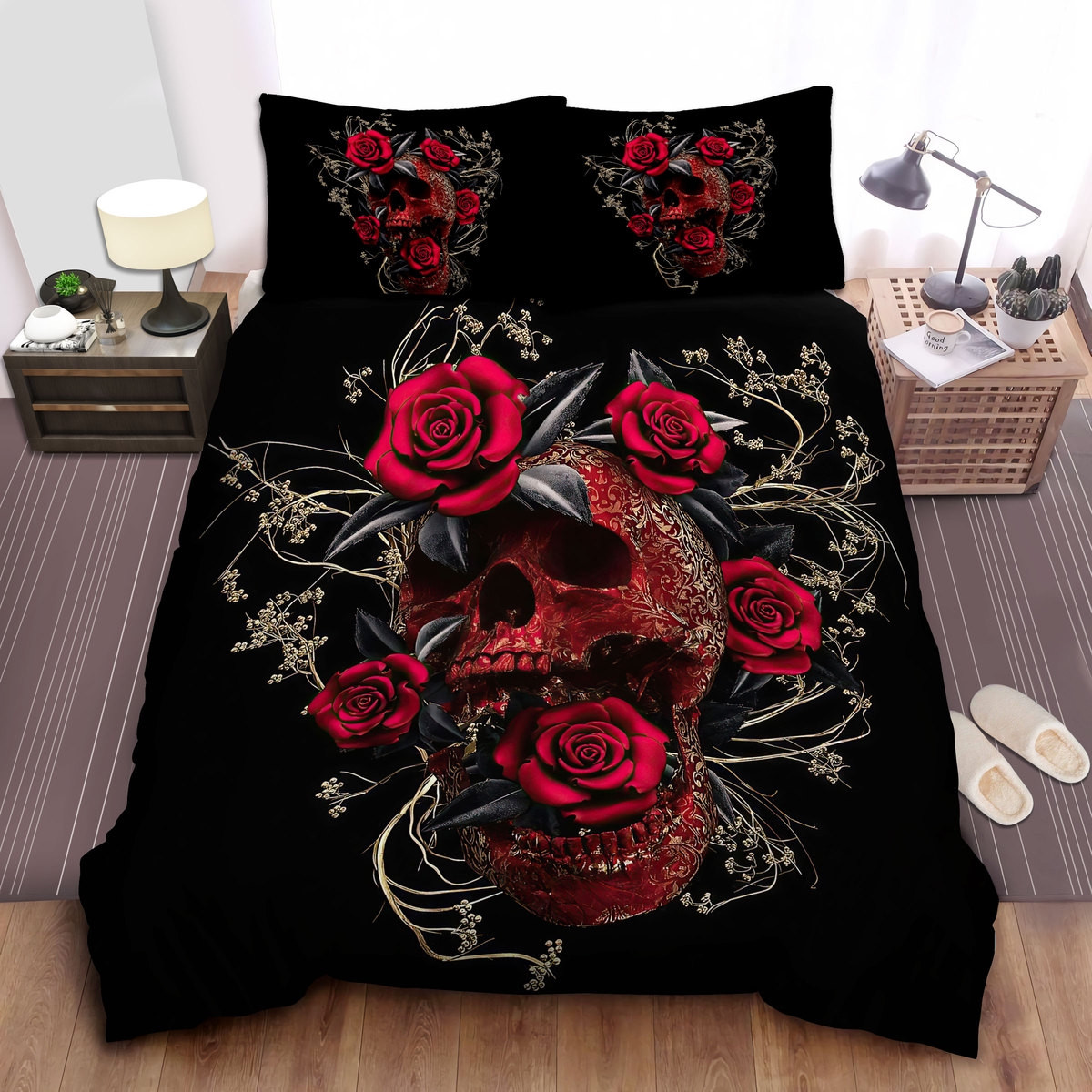 red skull roses 3d art comforter duvet cover bed sheets bedding set srsq6