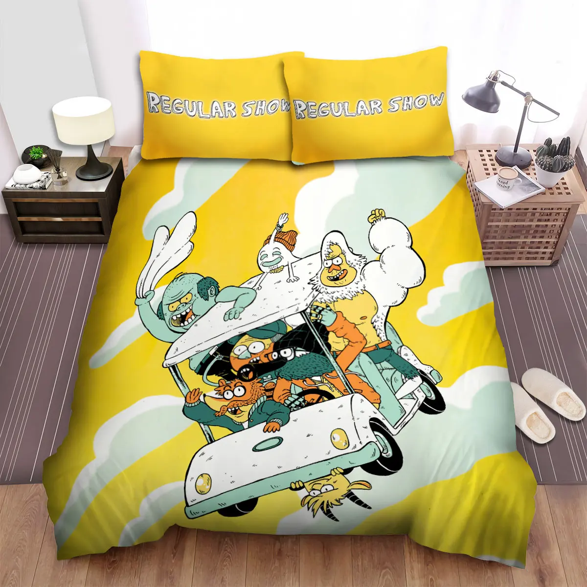 regular show characters on flying golf cart bed sheets spread duvet cover bedding sets xplvp