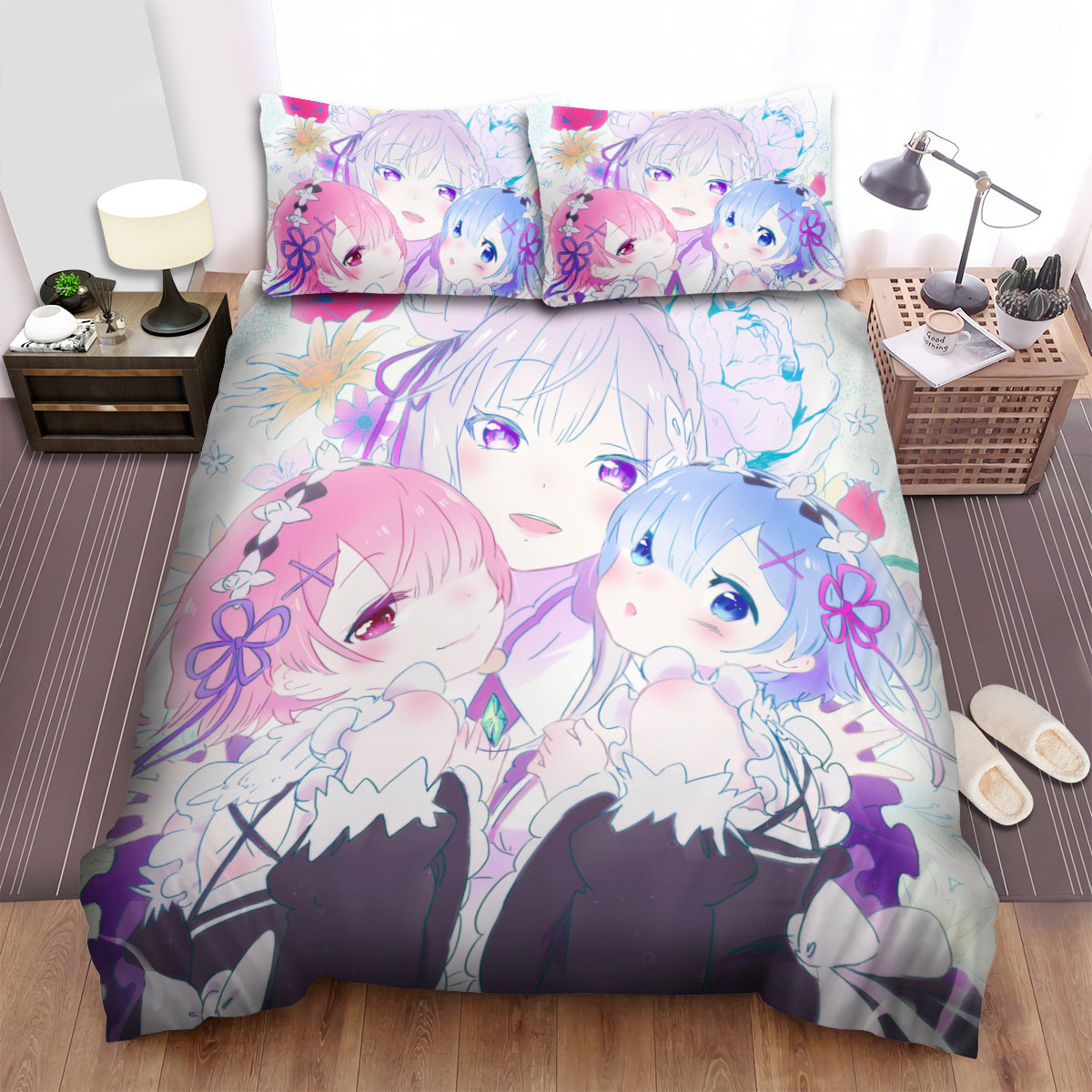 rezero emilia with rem and ram and the flowers bed sheets spread comforter duvet cover bedding sets jsrzg