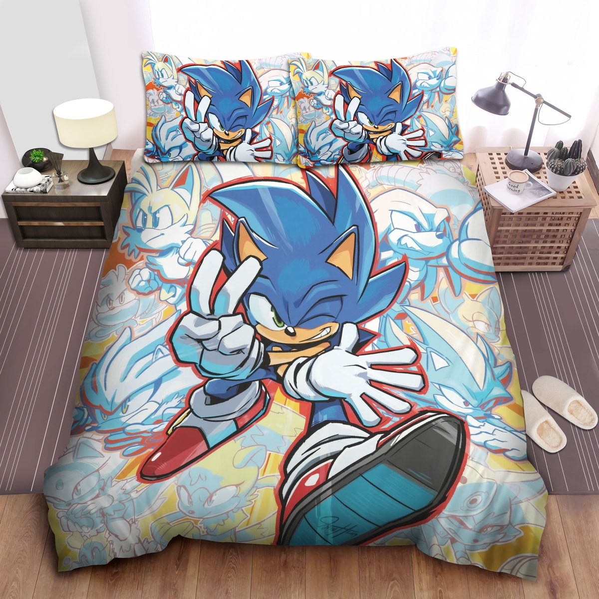 sonic the hedgehog friends artwork comforter duvet cover bed sheets bedding set b0mso