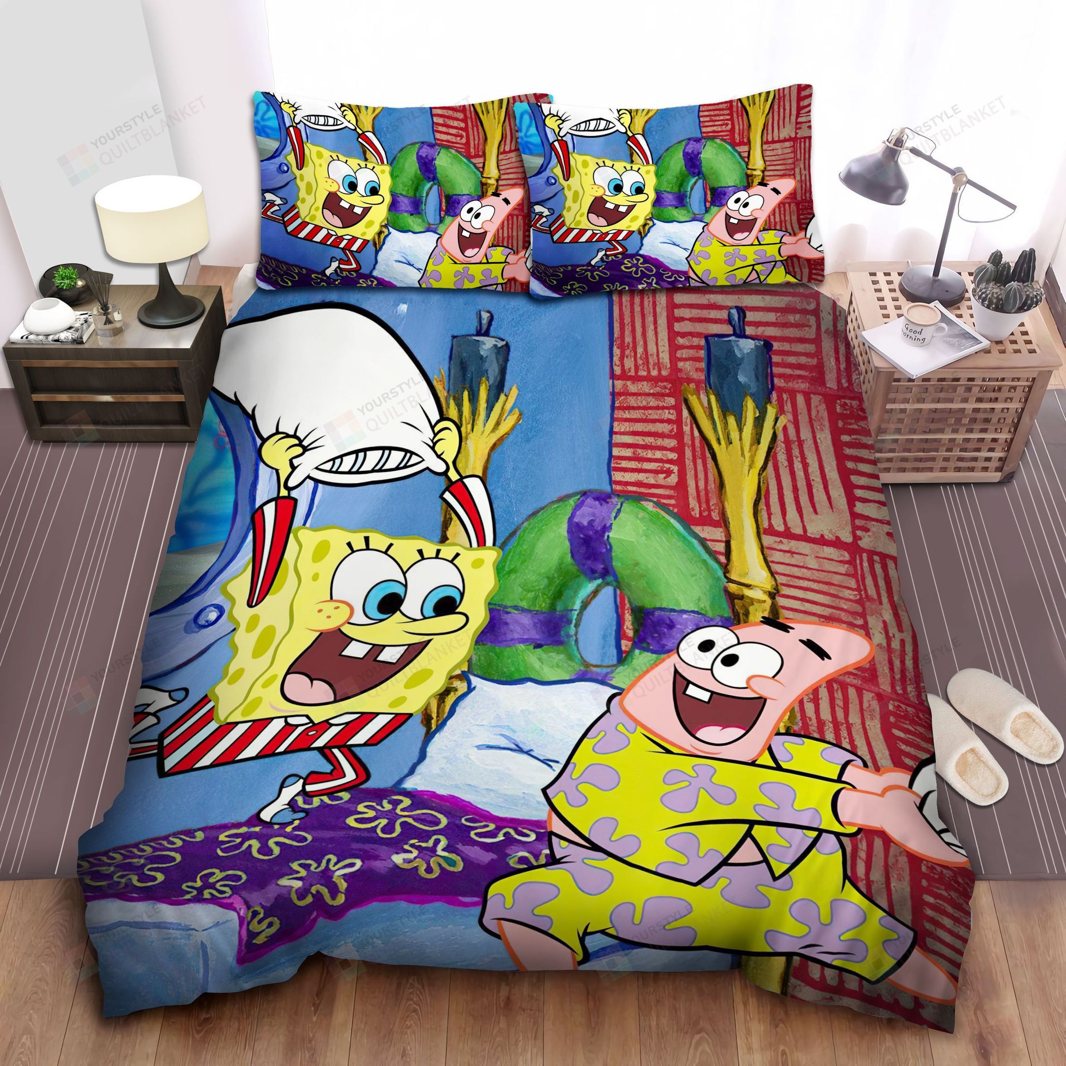 spongebob squarepants sleeping party with patrick star bed sheets duvet cover bedding sets qf941