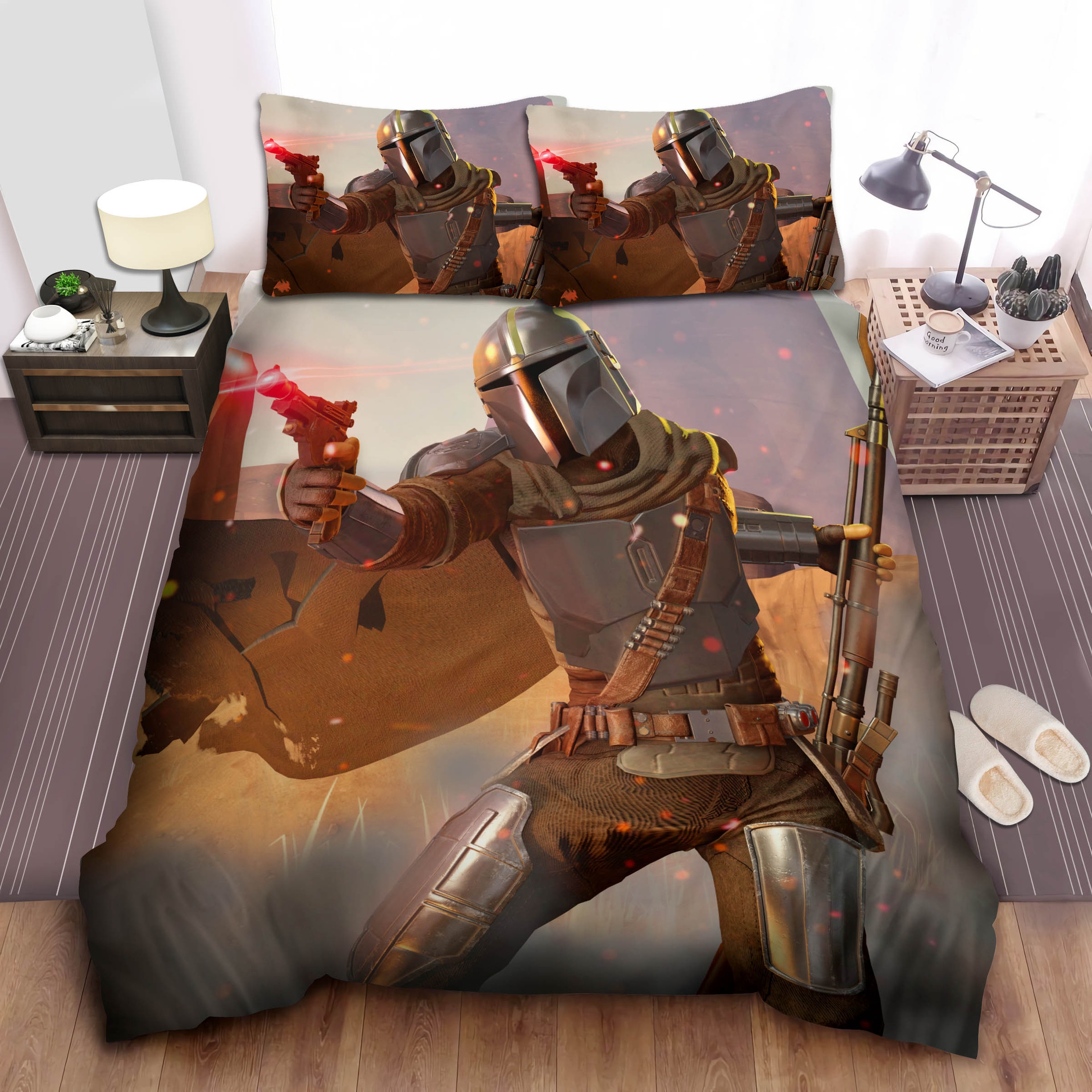 the mandalorian in a shooting scene illustration bed sheets spread comforter duvet cover bedding sets tico6