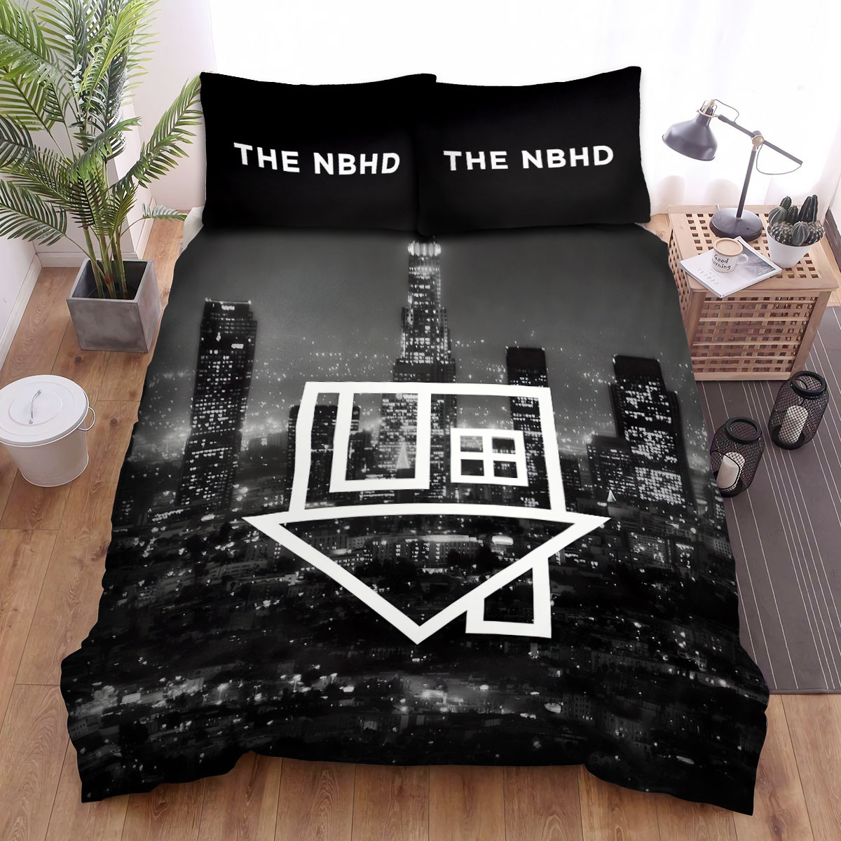 the neighbourhood logo in night city background bed sheets spread duvet cover bedding sets lnesa