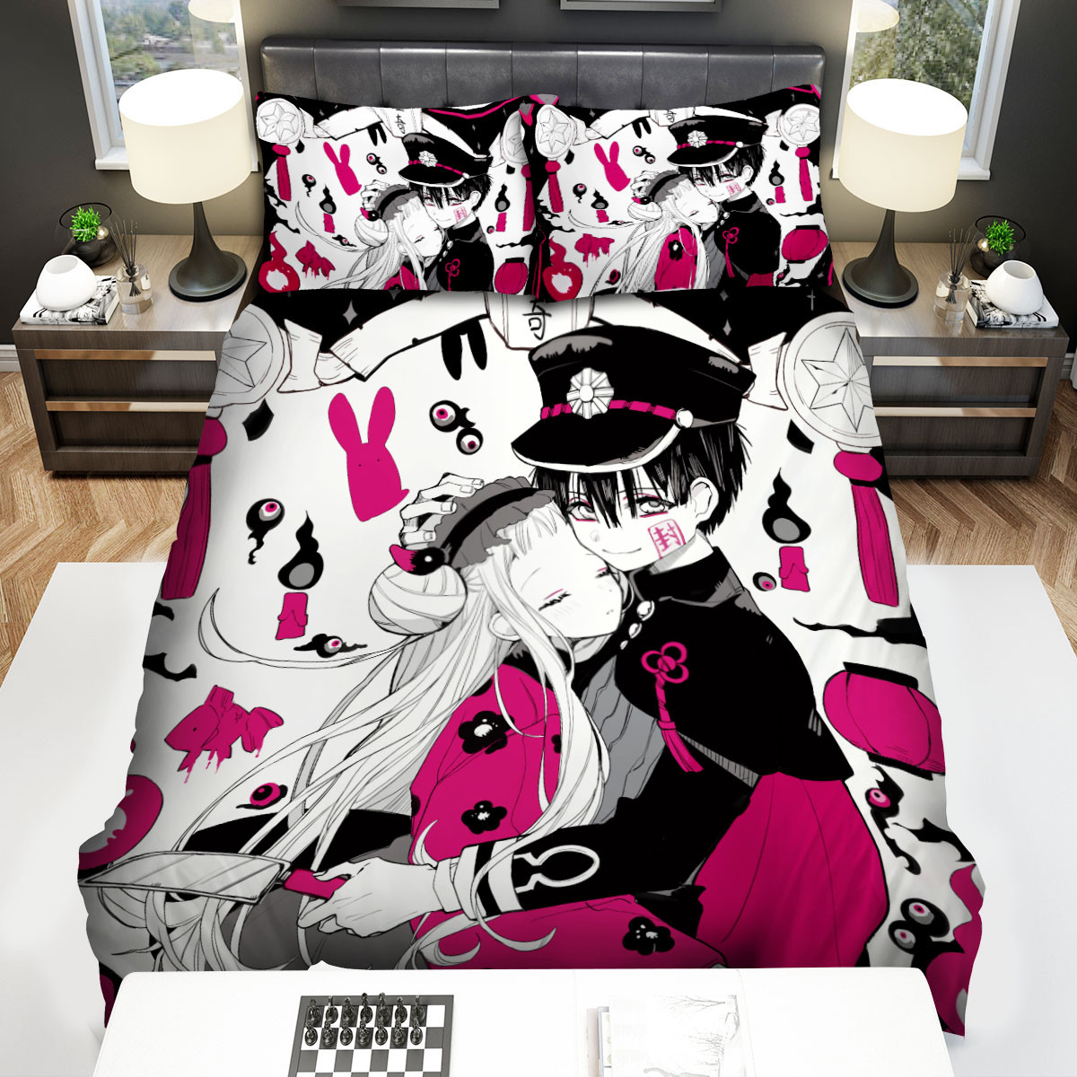 toilet bound hanako kun yashiro nene in black pink artwork bed sheets spread duvet cover bedding sets elx28