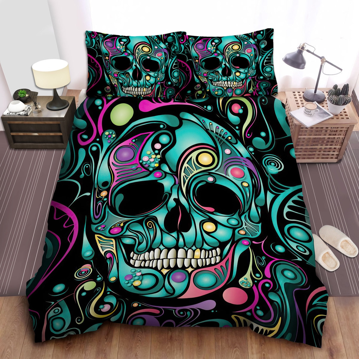 turquoise skull with trippy pattern duvet cover bedroom sets comfortable bedding sets itxnn