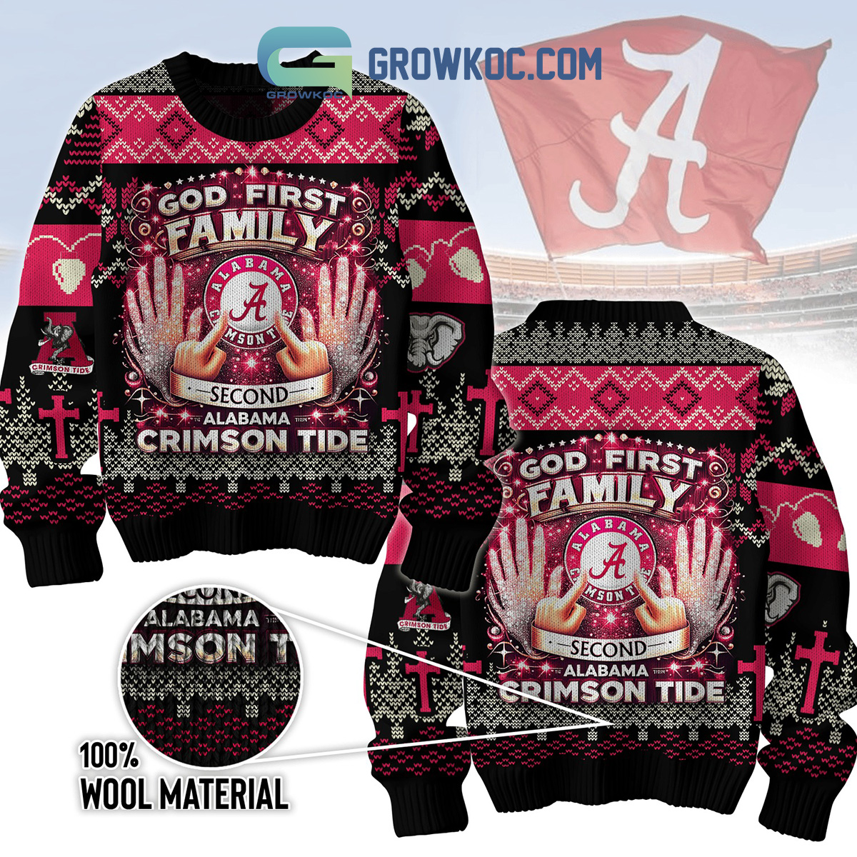 Alabama Crimson Tide God First Family Second Christmas Ugly Sweater2B1 eqV7s