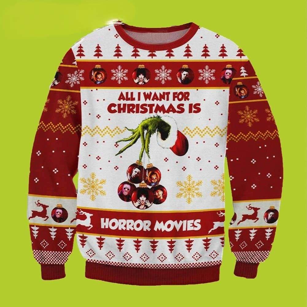 All I Want For Christmas Is Horror Movies Grinch Hand Holding Ornament Funny Xmas Sweaters 1