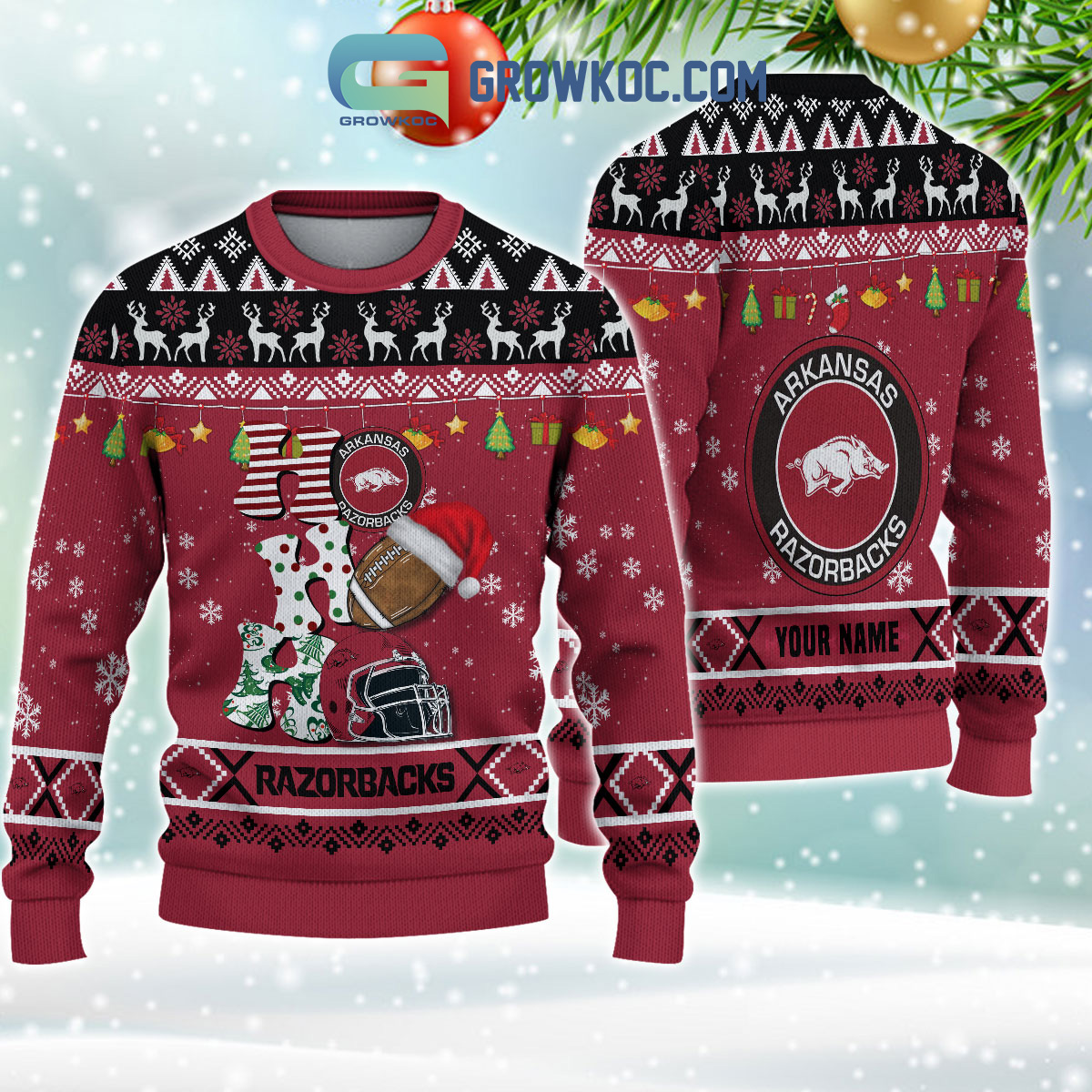 Arkansas Razorbacks NCAA Ho Ho Ho Snow Christmas Personalized Ugly Sweater2B1 waLSA