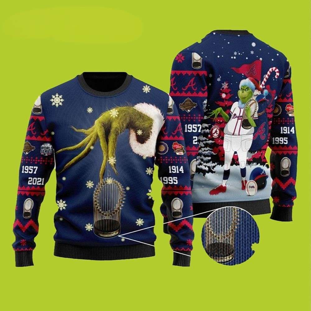 Atlanta Braves World Series Champions Grinch Hand Funny Xmas Sweaters Grinch Ugly Sweater 1