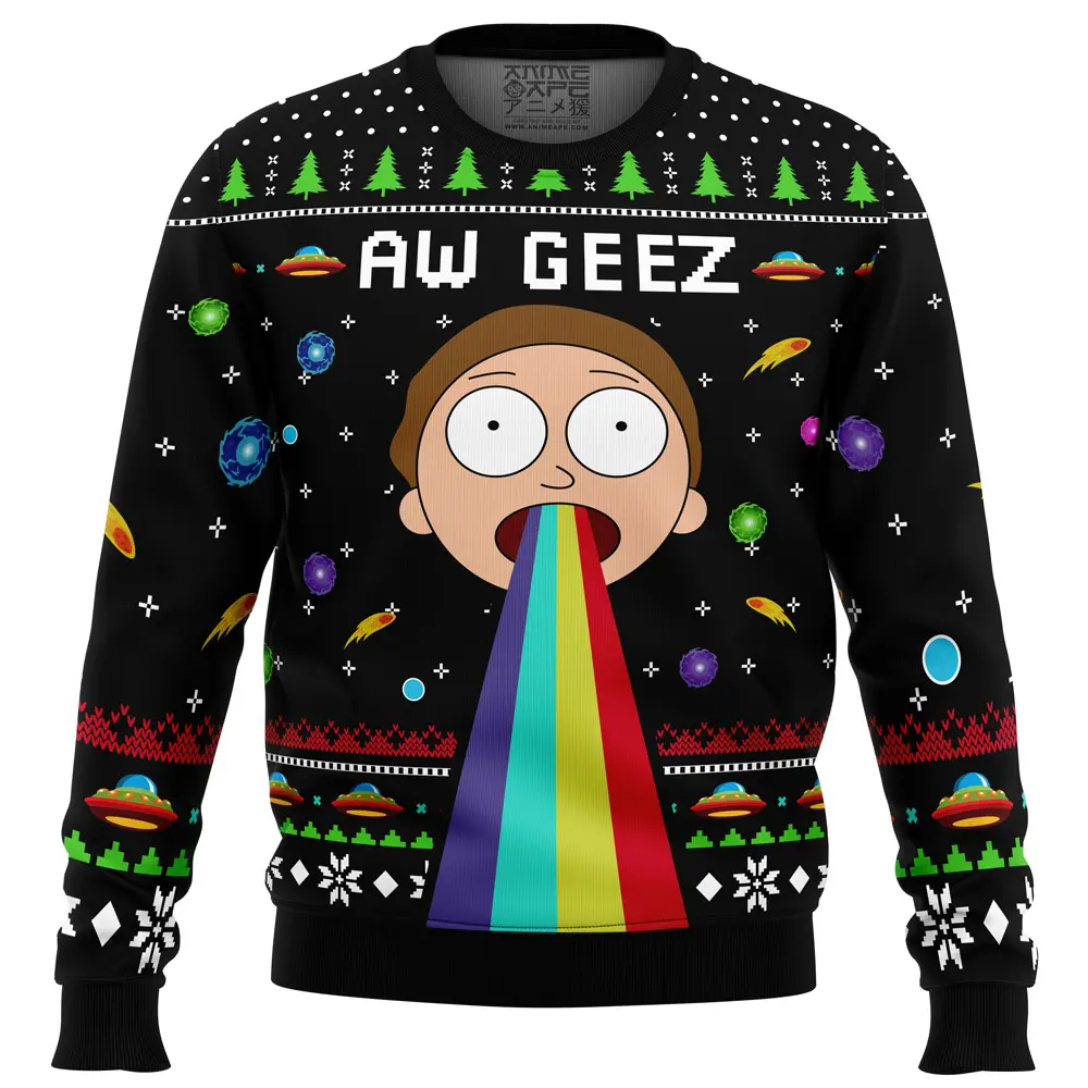 Aw Geez Rick and Morty Ugly Christmas Sweater FRONT mockup
