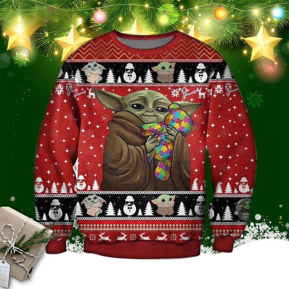 Baby Yoda With Puzzles Autism Star Wars Ugly Christmas Sweater 1