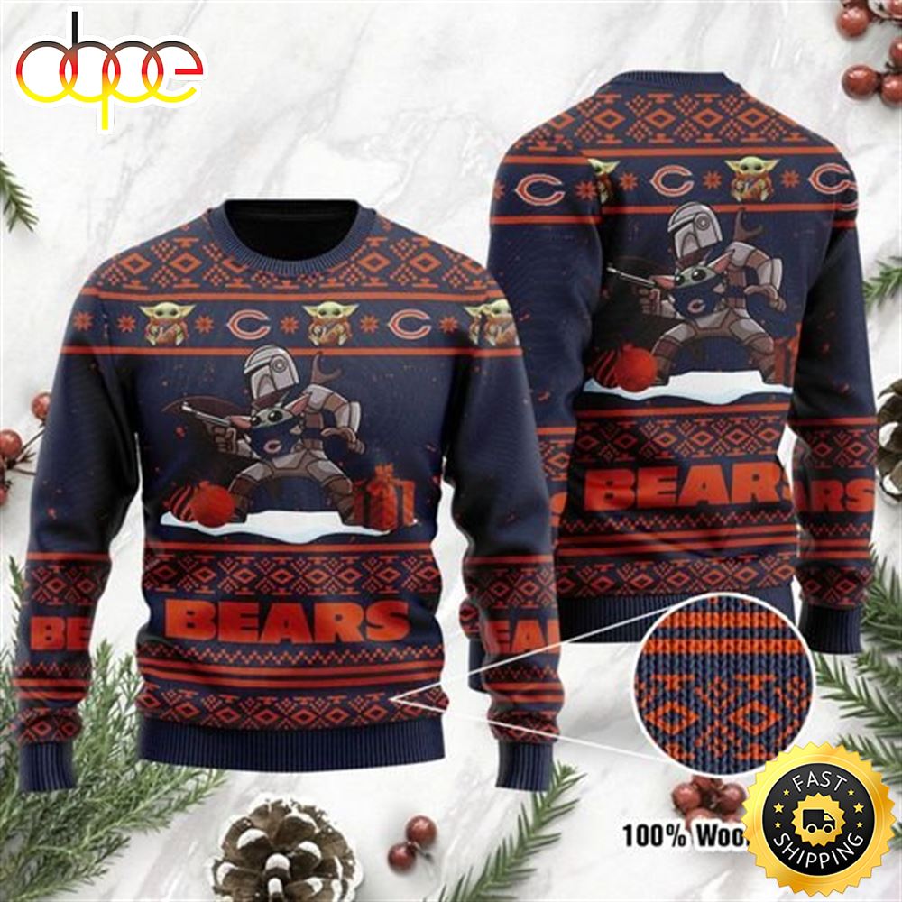 Baby Yoda Boba Fett The Mandalorian Chicago Bears Ugly Christmas Sweater phin6x