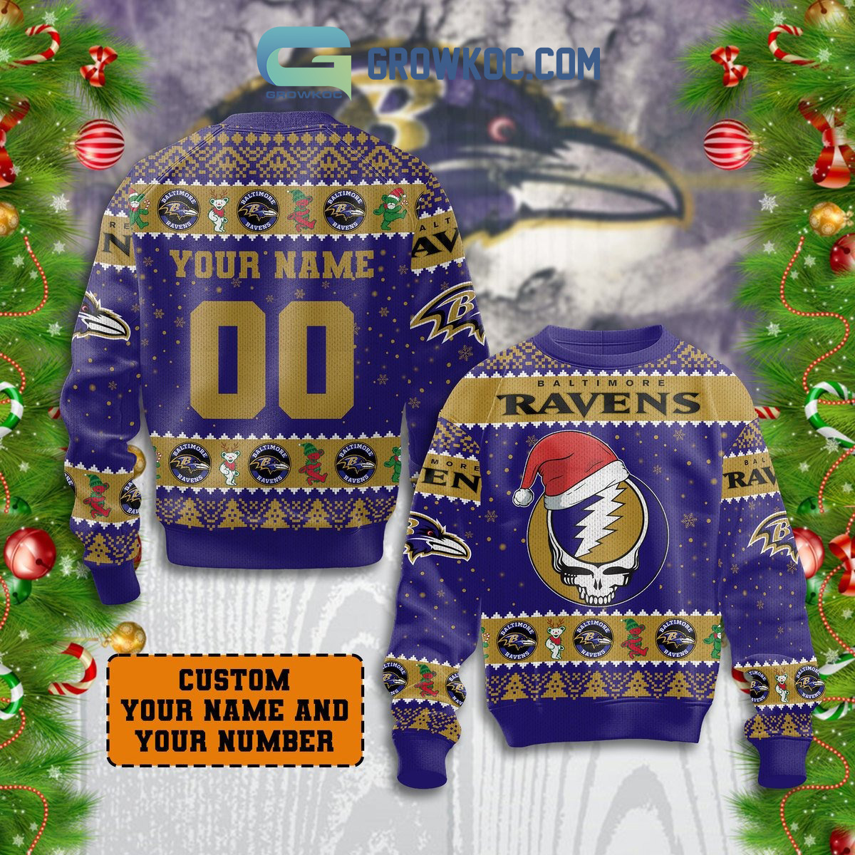 Baltimore Ravens Grateful Dead Personalized Christmas Ugly Sweater2B1 kt6i7