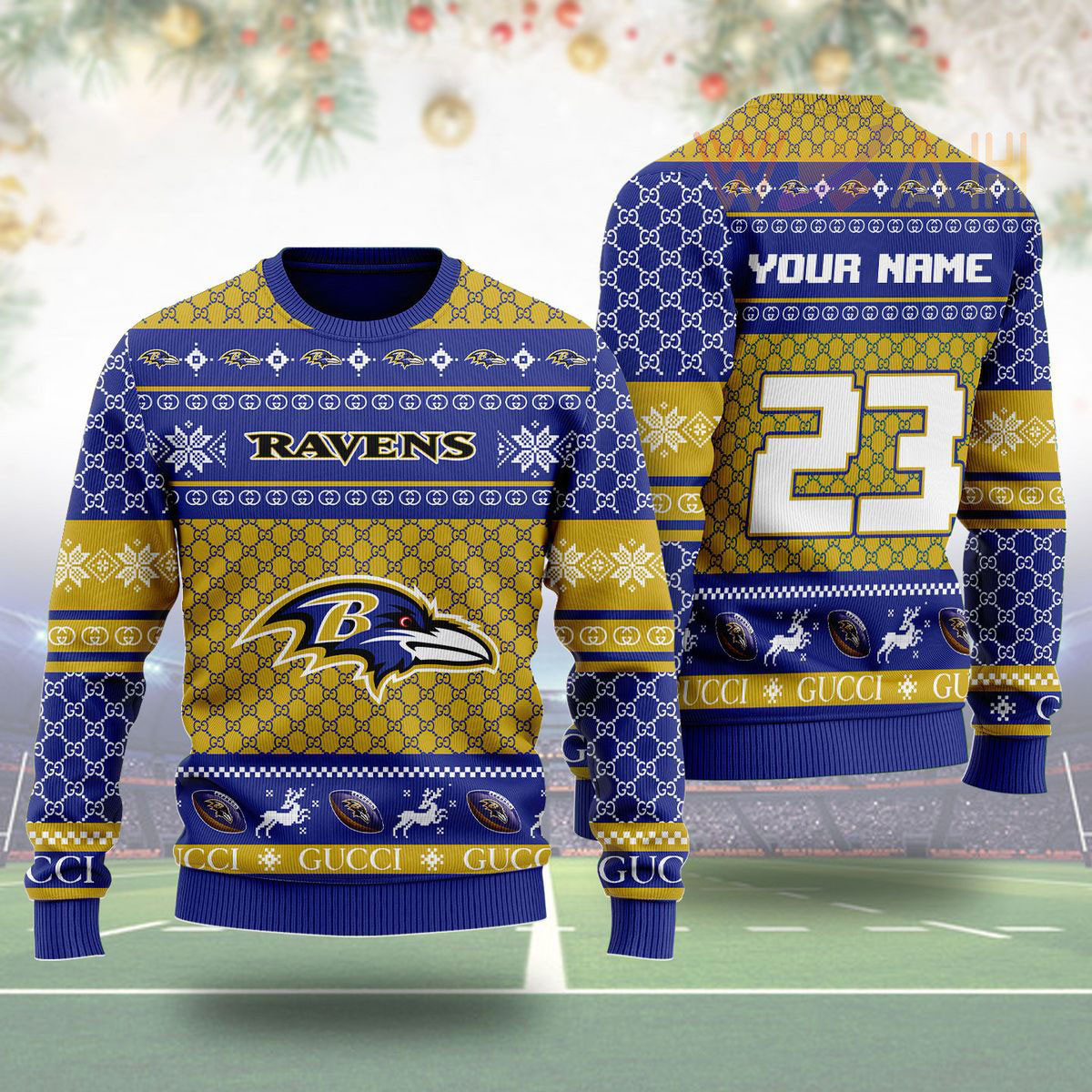 Baltimore Ravens Gucci Ugly Christmas 3D Sweater