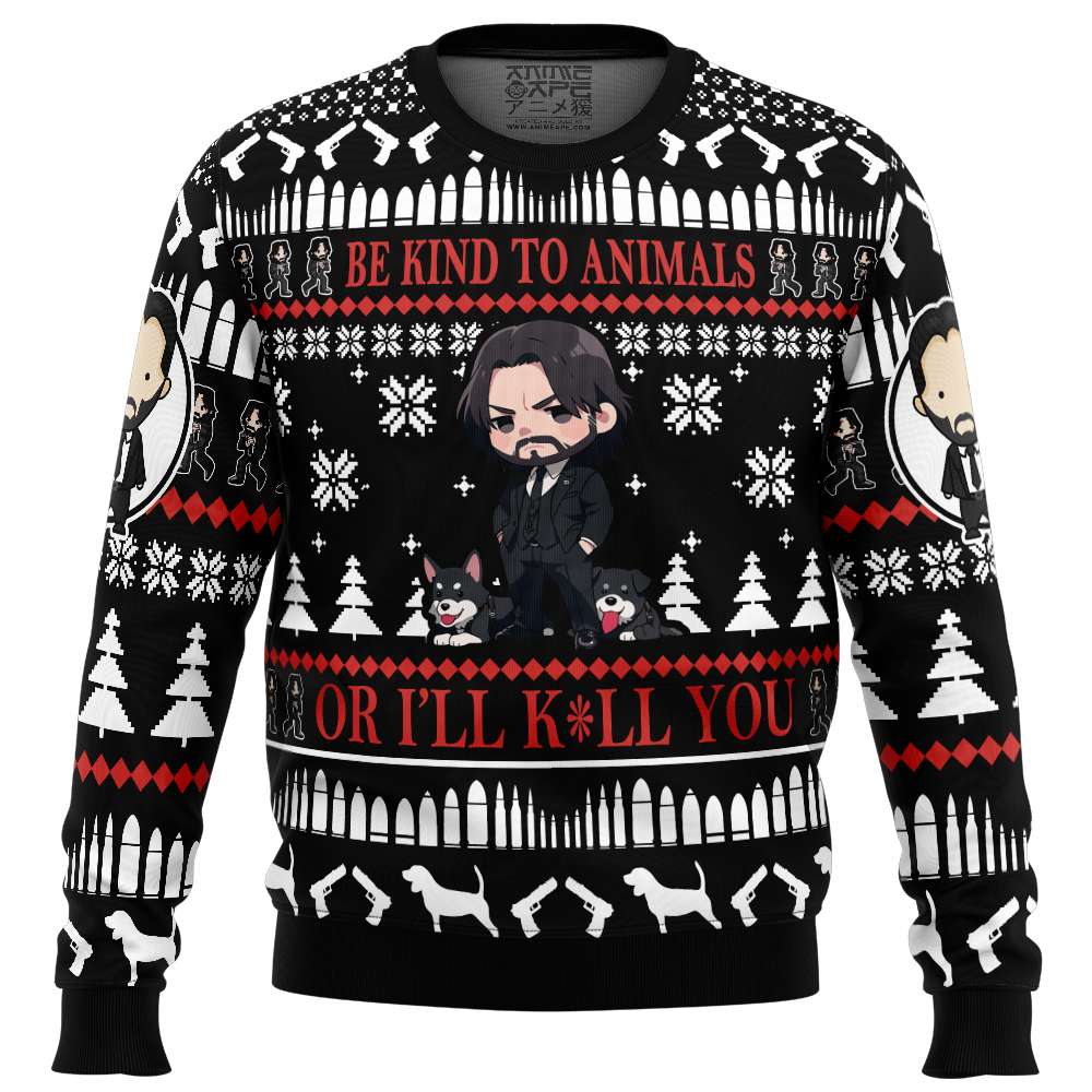 Be Kind to Animals John Wick Ugly Christmas Sweater FRONT mockup