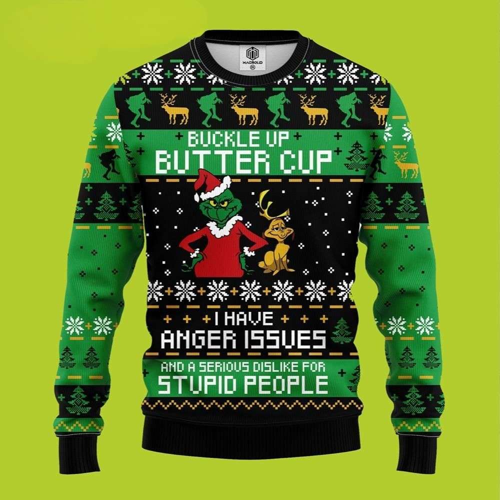 Buckle Up Butter Cup Grinch Max Funny Xmas Sweaters Grinch Ugly Sweater 1