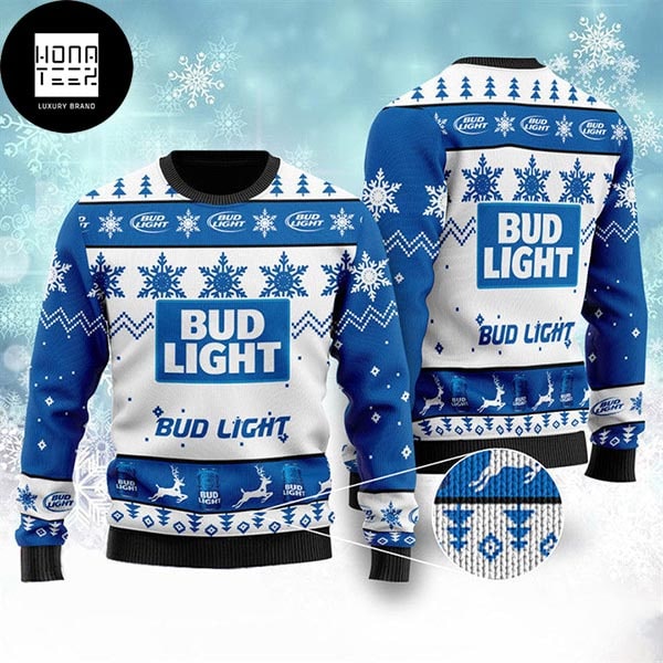 Bud Light Beer Snowflakes And Deer Pattern Signature Blue And White 2023 Ugly Christmas Sweater 28177644 1
