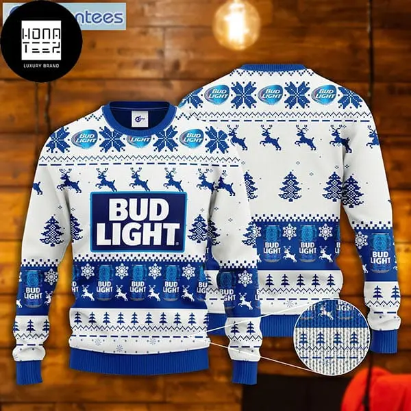 Bud Light Beer Snowflakes And Deer Pattern White And Blue 2023 Ugly Christmas Sweater 44400799 1