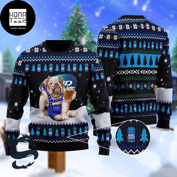 Bud Light Funny Bulldog Sitting Drink Bud Light Beer In The Snowly Night 2023 Ugly Christmas Sweater 3479710 1