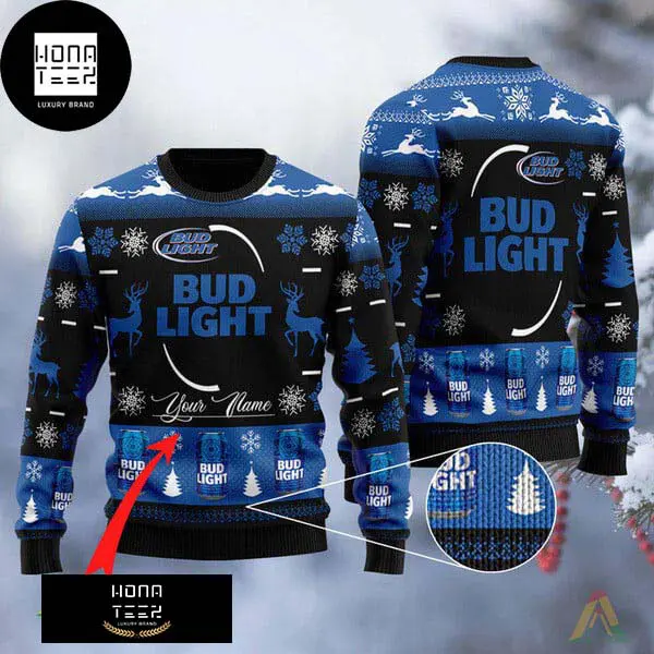 Bud Light Logo With Reindeer Black And Blue 2023 Ugly Christmas Sweater 64306202 1
