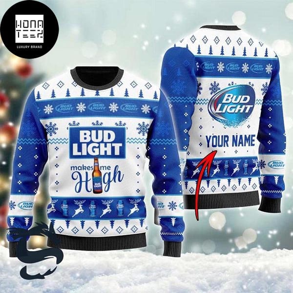 Bud Light Makes Me High For Beer Lovers Snowflakes And Pine Tree 2023 Ugly Christmas Sweater 13998175 1