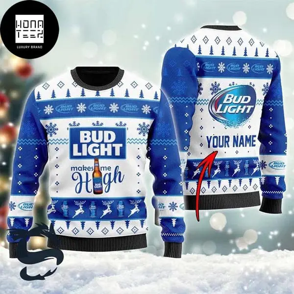 Bud Light Makes Me High For Beer Lovers Snowflakes And Pine Tree 2023 Ugly Christmas Sweater 13998175 1