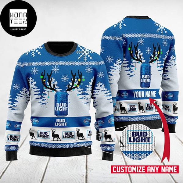 Bud Light Reindeer Cans Personalized Blue And White 2023 Ugly Christmas Sweater 89991029 1