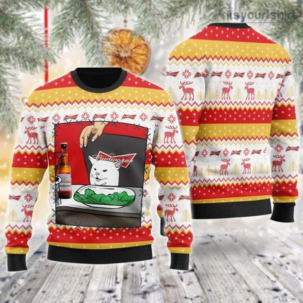 Budweiser Beer Cat Meme Ugly Christmas Sweater - Hearthtops Store