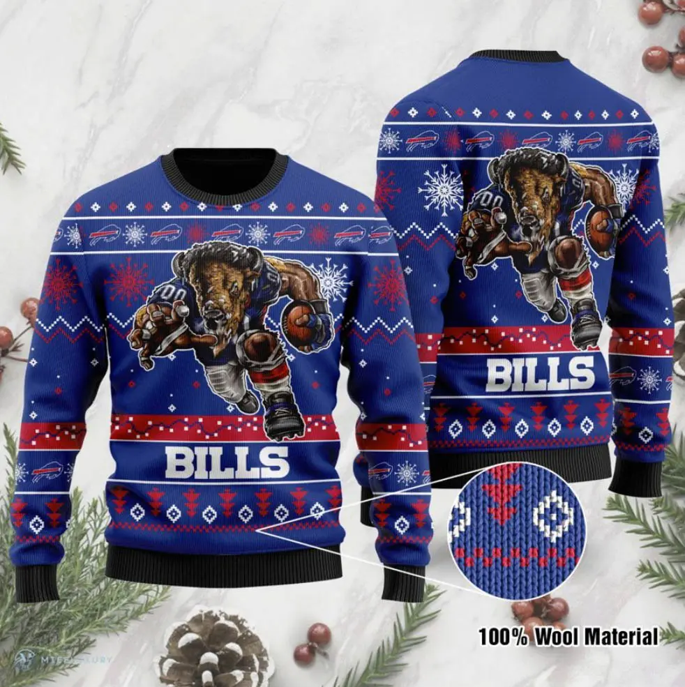 Buffalo Bills Mascot Christmas Light ugly Sweater Buffalo Bills Ugly Christmas Sweater 1