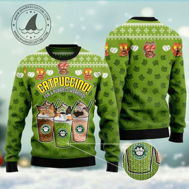 Cat Coffee Christmas All Over Printed 3D Sweater