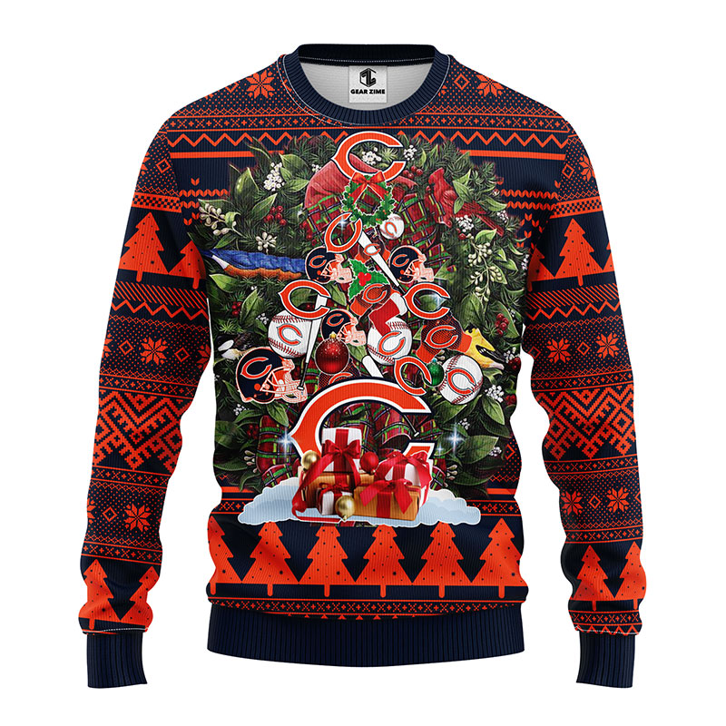 Chicago Bears NFL Wreath Pine Tree Shape Ugly Christmas Fleece Sweater Chicago Bears Ugly Sweater 1