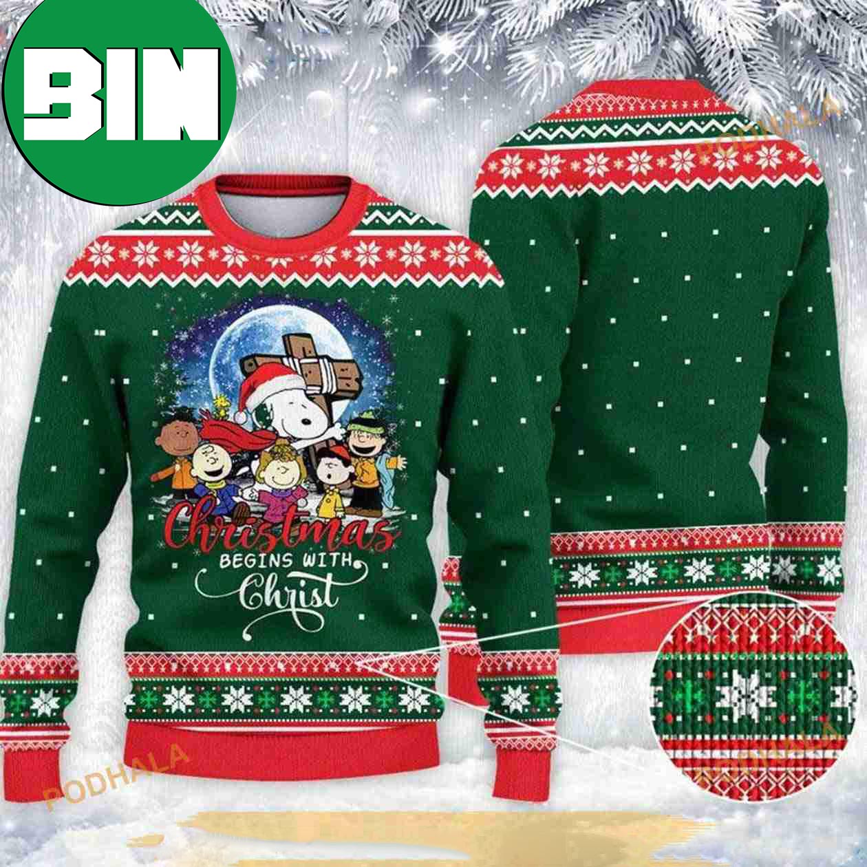 Christmas Begins With Christ Snoopy Knitted Christmas Funny Ugly Sweater