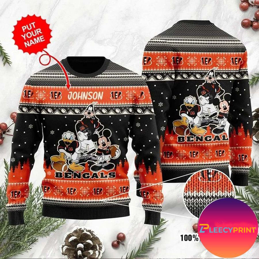 Cincinnati Bengals Christmas Disney Mickey Mouse Donald Duck And Goofy Ugly Christmas Sweater 1