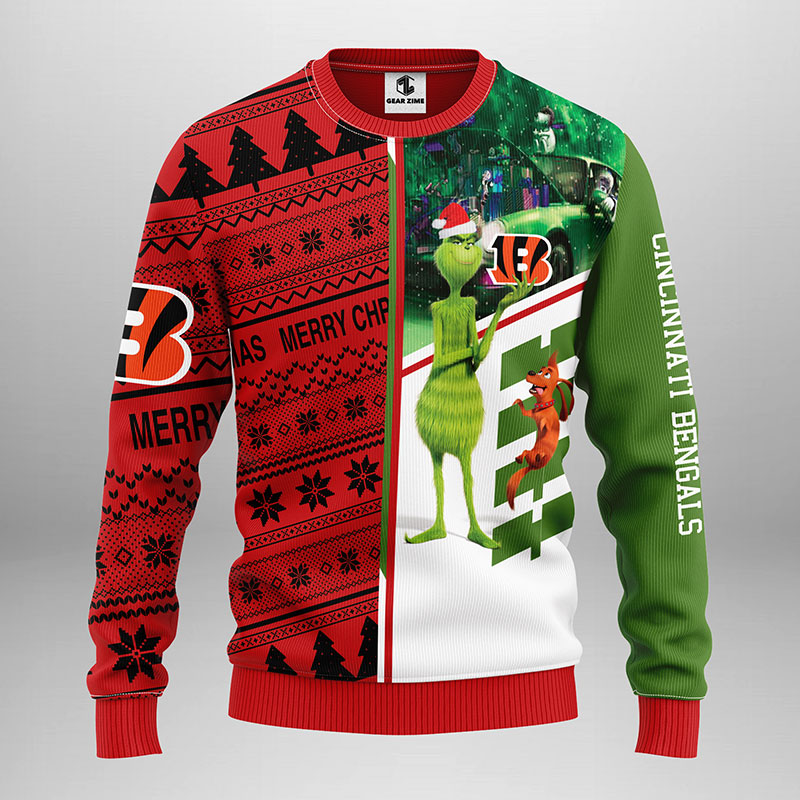 Cincinnati Bengals Funny Grinch And His Dog Max Christmas Ugly Sweater Bengals Christmas Sweater 1